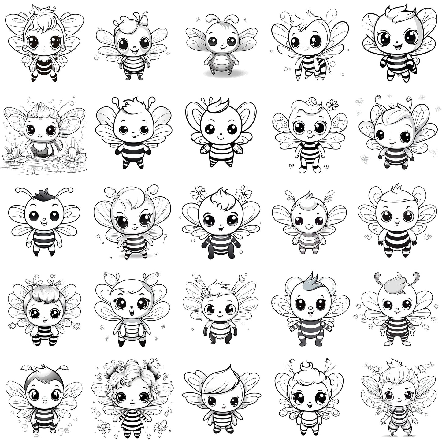 Cute Bee Clip Art, Black and White Bee PNG Bundle, Honey Bee Art, Busy Bees ClipArt, Commercial Use, T-shirt sublimation, Coloring Book Page