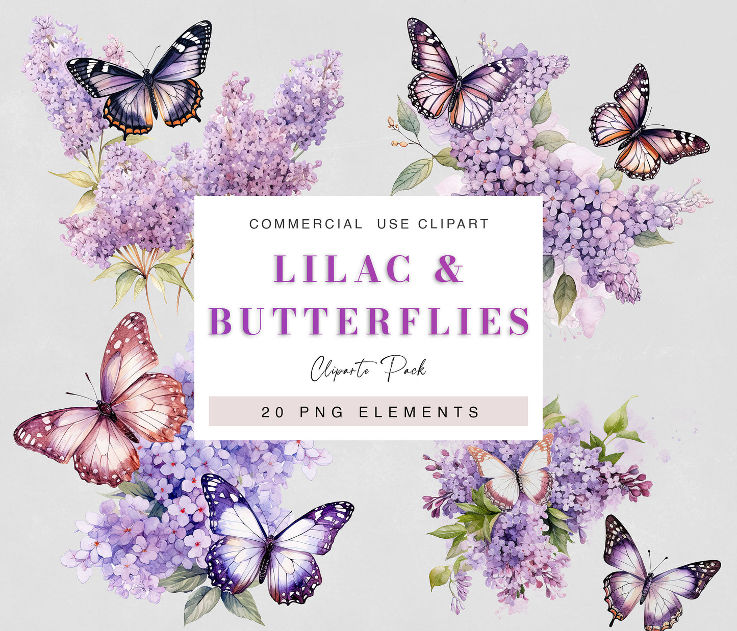 lilac watercolor floral butterflies, purple wedding clipart, purple flowers, bundle clipart, commercial use, scrapbooking graphics, crafting