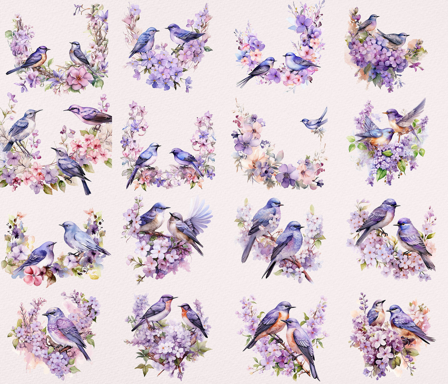 Lilac Birds and flowers Clipart| Nursery Art| Instant Digital Download | Card Making| Invitation Design| Sublimation Graphics| PNG Bundle