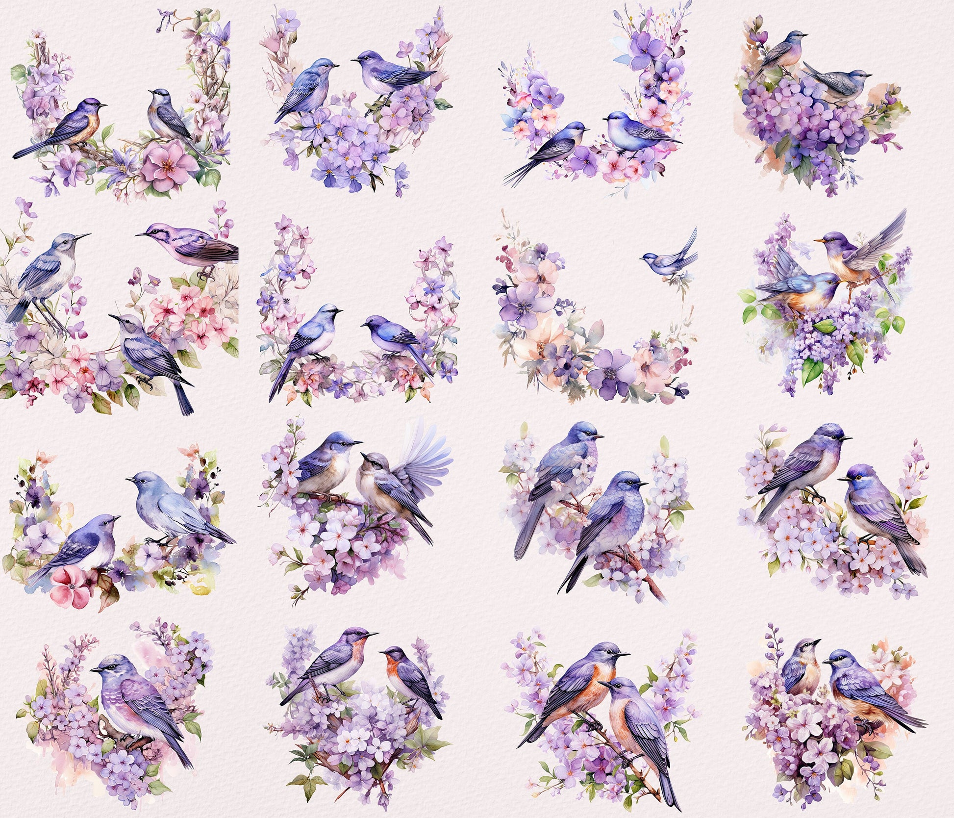 Lilac Birds and flowers Clipart| Nursery Art| Instant Digital Download | Card Making| Invitation Design| Sublimation Graphics| PNG Bundle