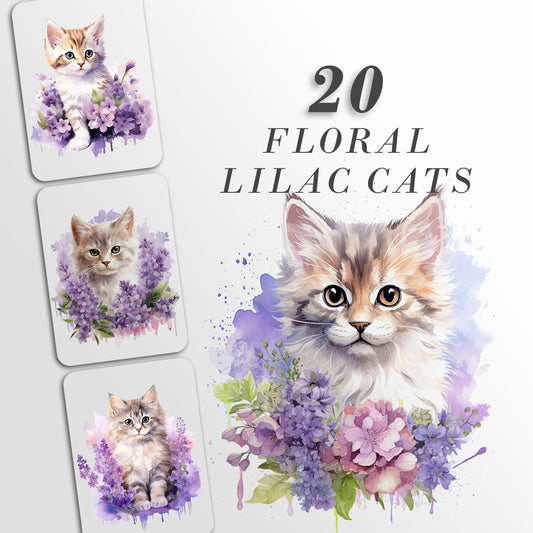 lilac watercolor floral cats, purple kitten clipart, purple flowers, PNG Bundle, commercial use, scrapbooking graphics, crafting, tumbler
