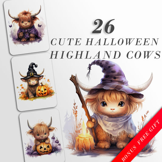 Watercolor Halloween Highland Cows Clipart: Whimsical Cow Art for Spooky Crafts and Decor | PNG Bundle | Digital Download | Sublimation file