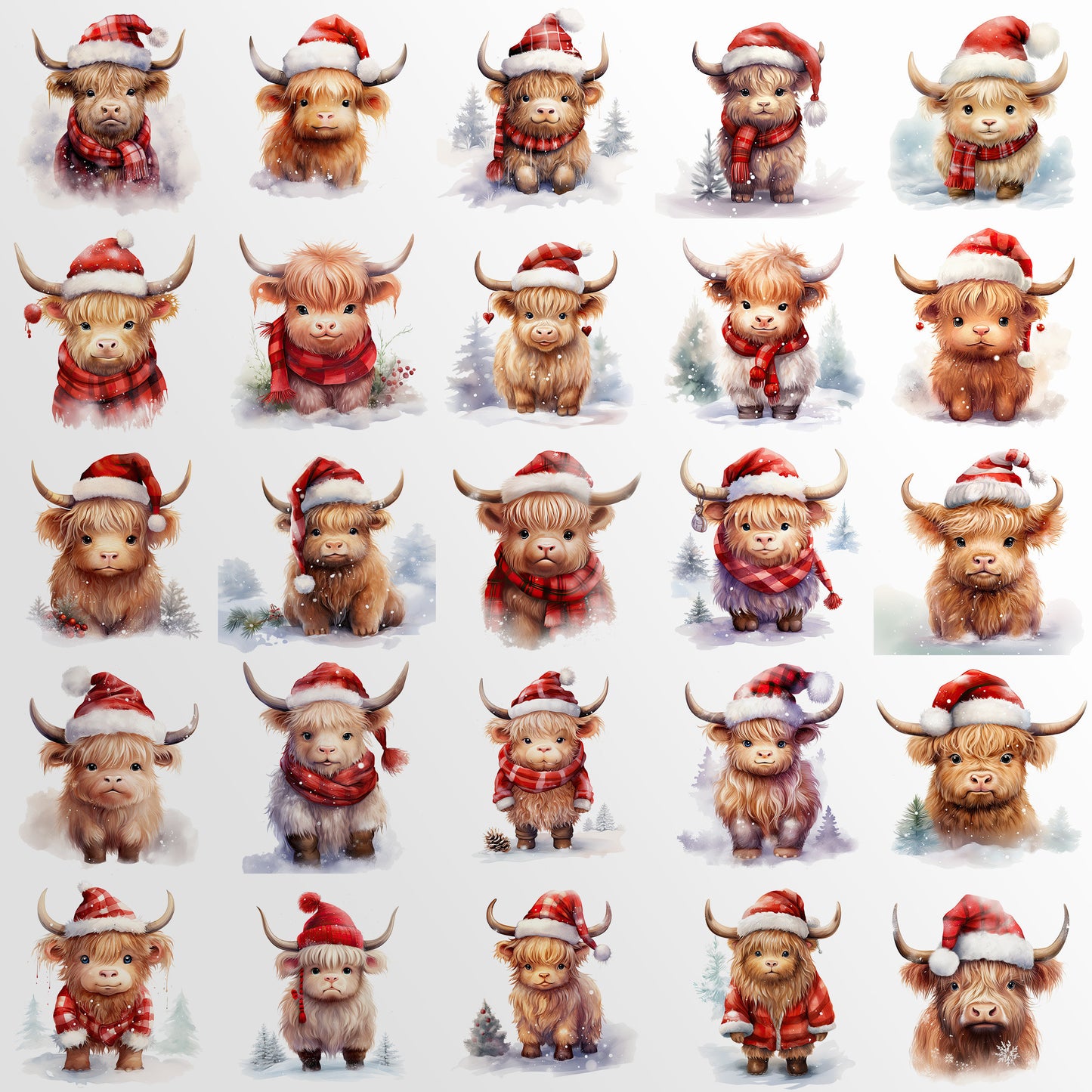 Watercolor Christmas Highland Cows Clipart: Cow Art for Christmas Crafts and Decor | PNG Bundle | Digital Download | Sublimation files