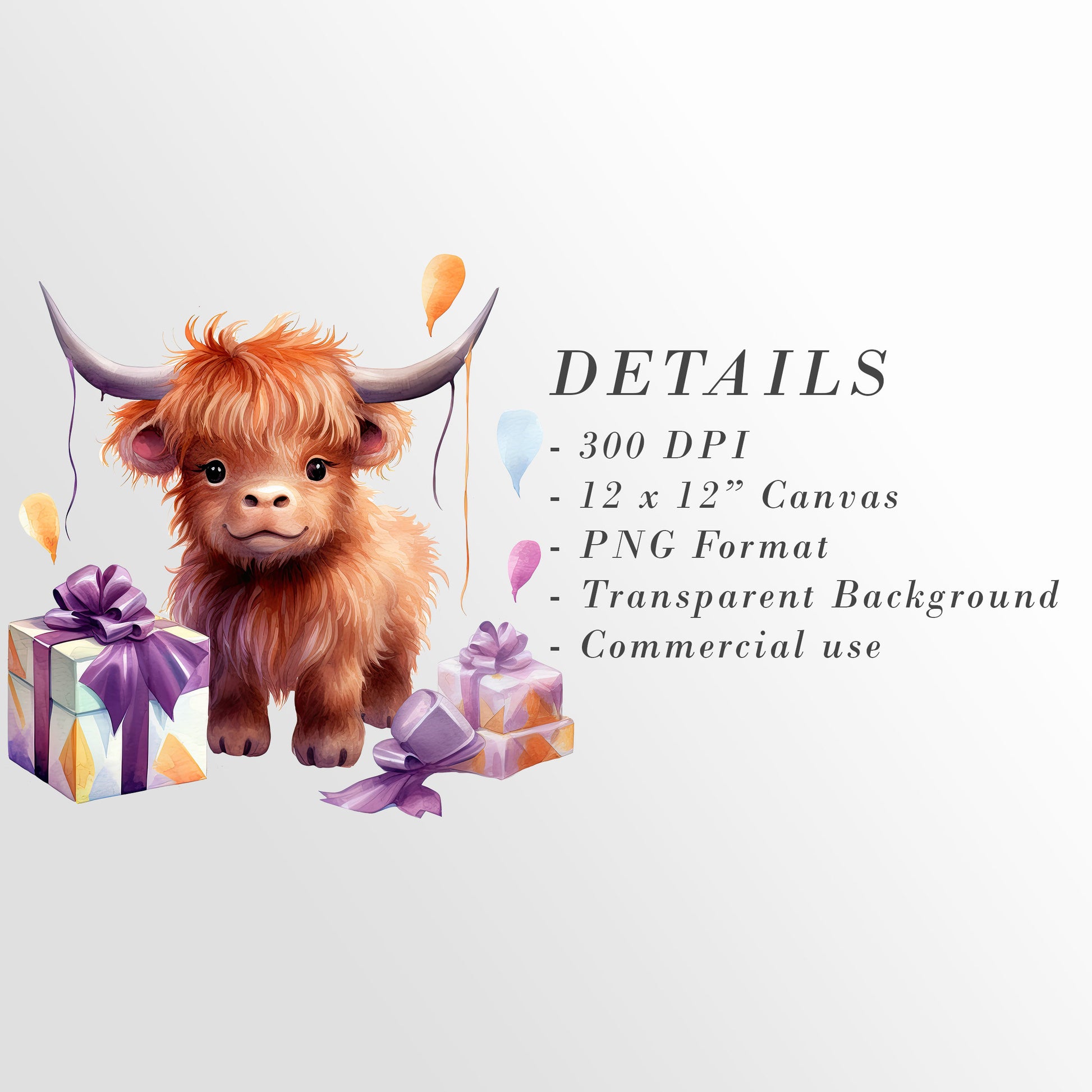 Birthday Party Highland Cows Clipart: Watercolor Cow Art for Party Crafts and Decor | PNG Bundle | Digital Download | Sublimation files