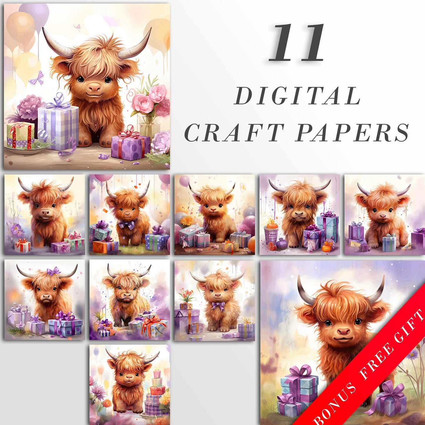 Birthday Party Highland Cows Clipart: Watercolor Cow Art for Party Crafts and Decor | PNG Bundle | Digital Download | Sublimation files