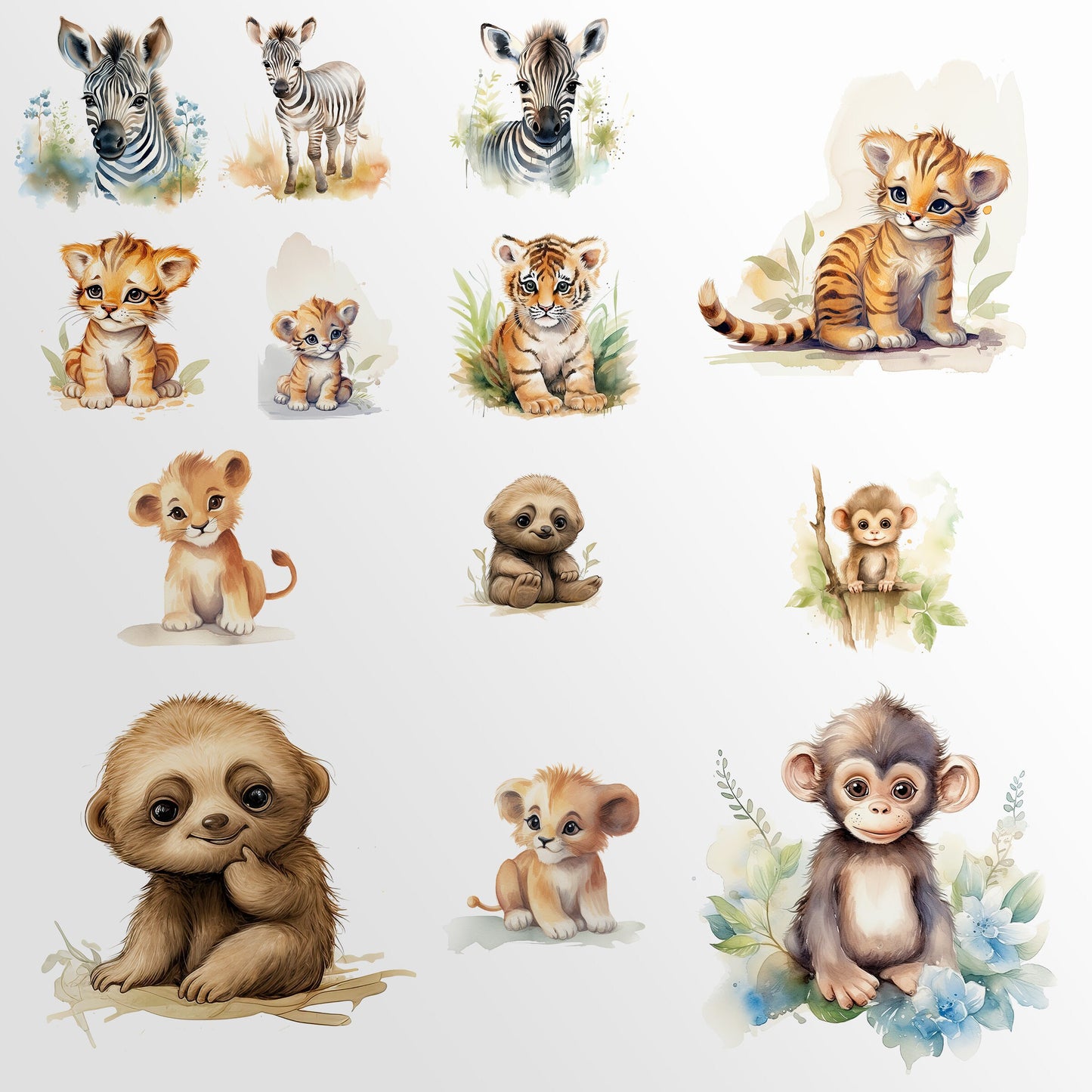 Safari Baby Animals Watercolor Clipart - Cute Baby Shower Nursery Decor- Birthday Baby Monkey Lion Giraffe Zebra Elephant PNG Download