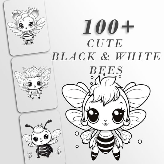 Cute Bee Clip Art, Black and White Bee PNG Bundle, Honey Bee Art, Busy Bees ClipArt, Commercial Use, T-shirt sublimation, Coloring Book Page