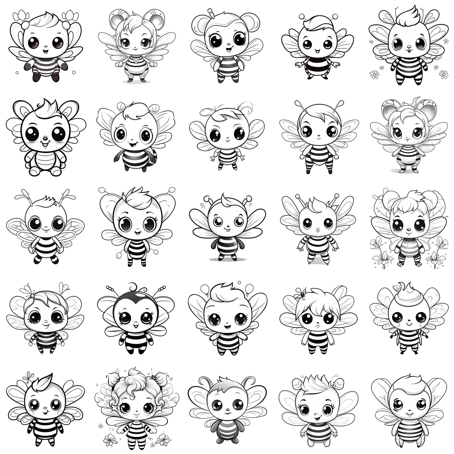 Cute Bee Clip Art, Black and White Bee PNG Bundle, Honey Bee Art, Busy Bees ClipArt, Commercial Use, T-shirt sublimation, Coloring Book Page