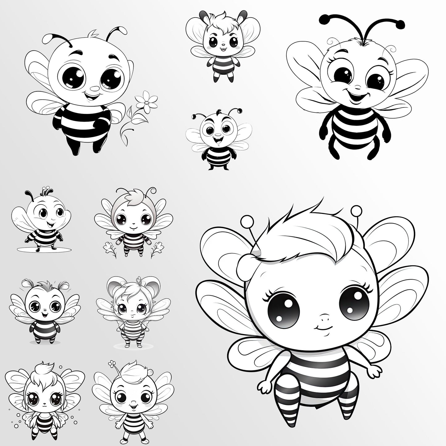 Cute Bee Clip Art, Black and White Bee PNG Bundle, Honey Bee Art, Busy Bees ClipArt, Commercial Use, T-shirt sublimation, Coloring Book Page