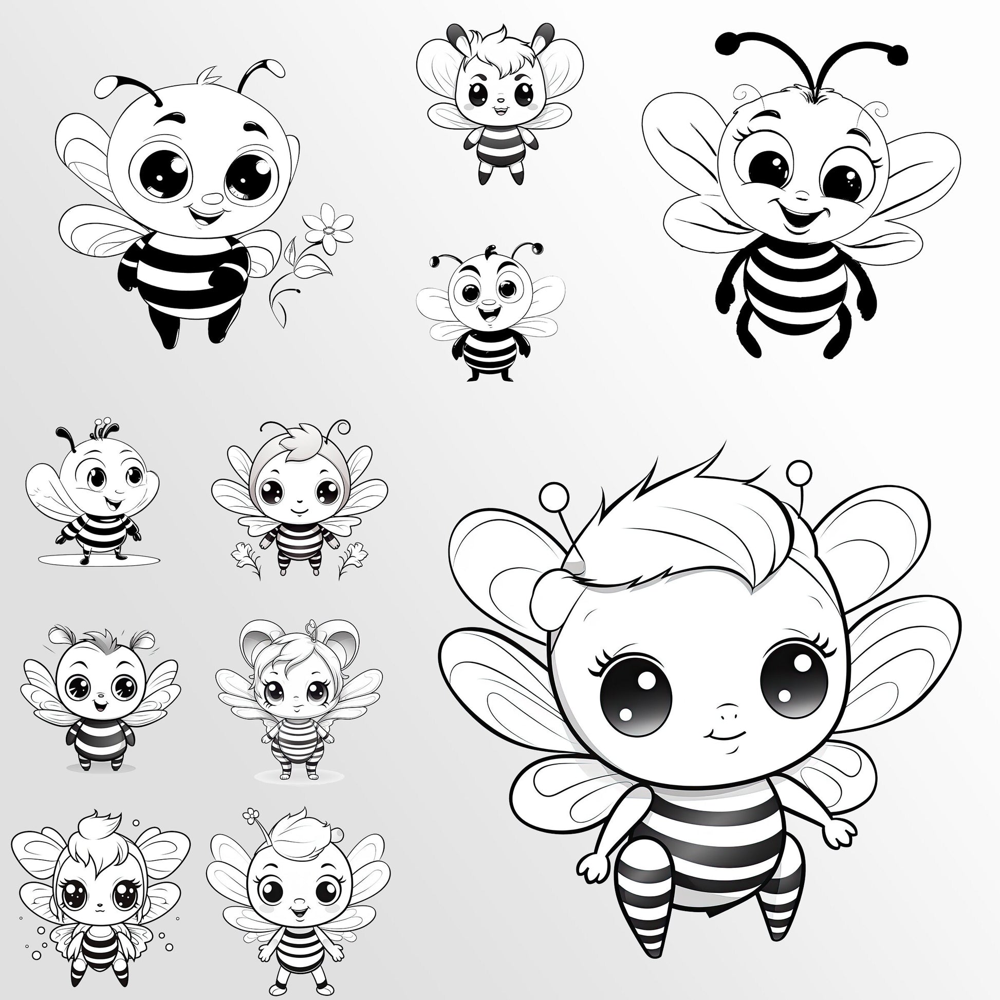 Cute Bee Clip Art, Black and White Bee PNG Bundle, Honey Bee Art, Busy Bees ClipArt, Commercial Use, T-shirt sublimation, Coloring Book Page