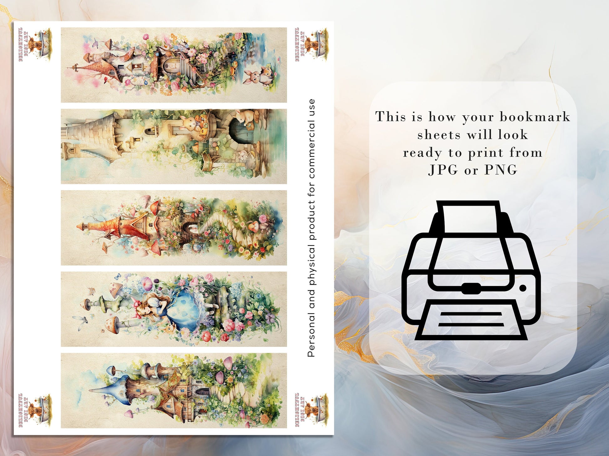 20 Watercolor Fairy Tale Printable Bookmarks | Digital Download JPG Bookmark Sheets | PNG bookmark sublimation | fantasy bookmark set | kids