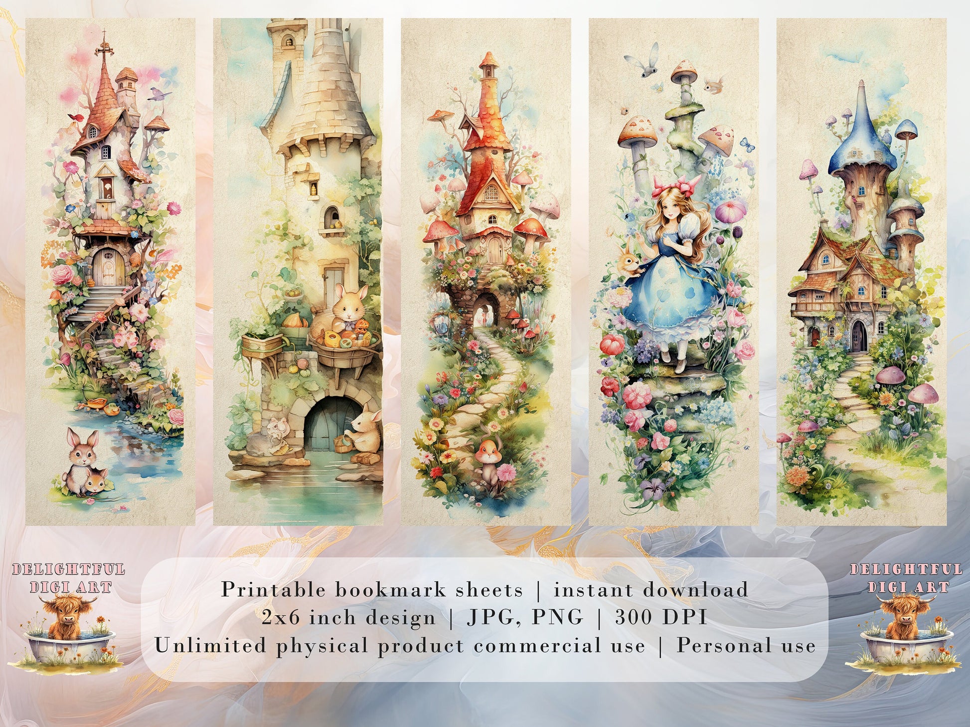 20 Watercolor Fairy Tale Printable Bookmarks | Digital Download JPG Bookmark Sheets | PNG bookmark sublimation | fantasy bookmark set | kids