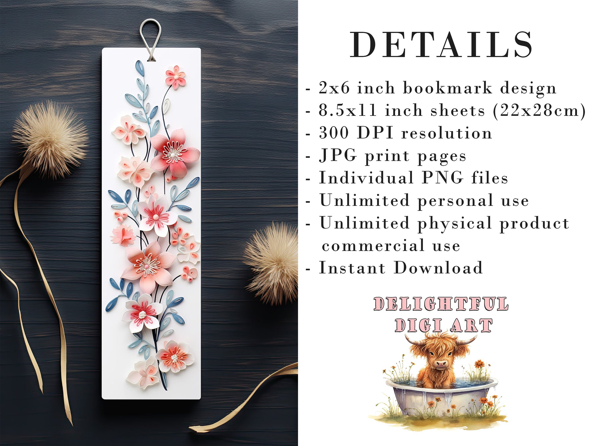 20 3D Floral Embroidery Printable Bookmarks | Digital Download JPG Bookmark Sheets | PNG bookmark sublimation | Flower bookmark set