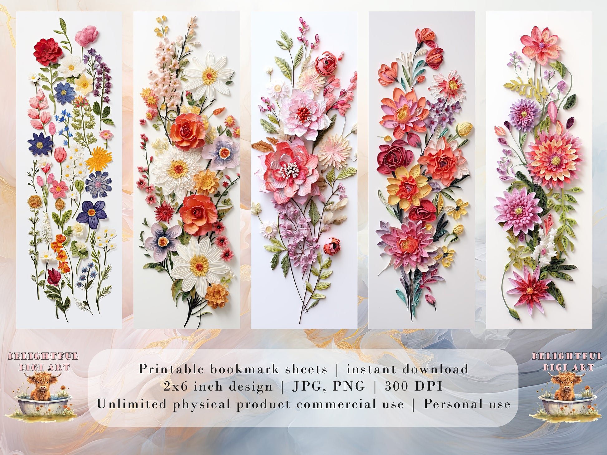 20 3D Floral Embroidery Printable Bookmarks | Digital Download JPG Bookmark Sheets | PNG bookmark sublimation | Flower bookmark set
