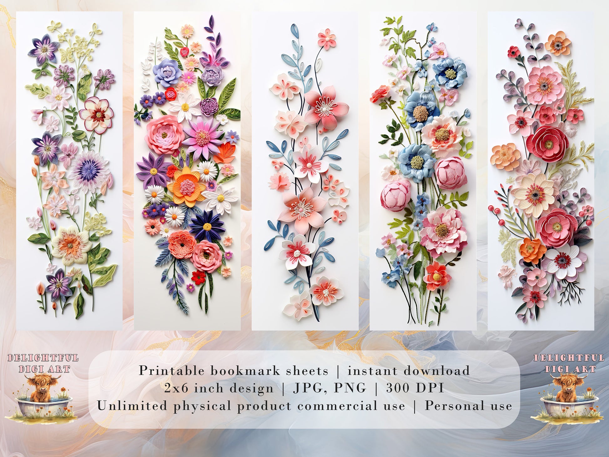 20 3D Floral Embroidery Printable Bookmarks | Digital Download JPG Bookmark Sheets | PNG bookmark sublimation | Flower bookmark set