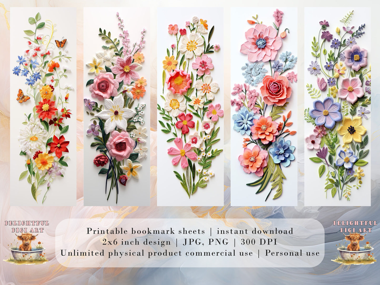 20 3D Floral Embroidery Printable Bookmarks | Digital Download JPG Bookmark Sheets | PNG bookmark sublimation | Flower bookmark set