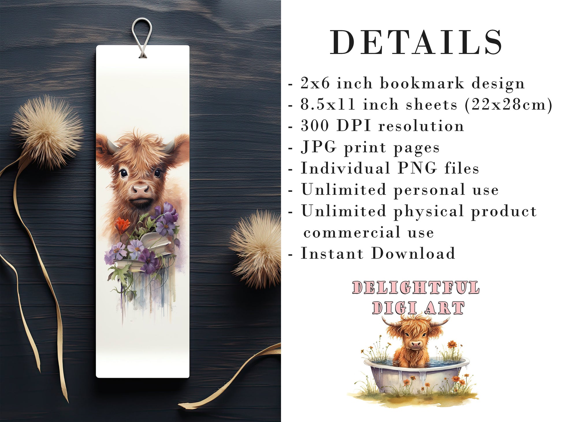 10 Watercolor Highland Cow Printable Bookmarks | Digital Download JPG Bookmark Sheets | PNG bookmark sublimation | Calf bookmark set | Gift