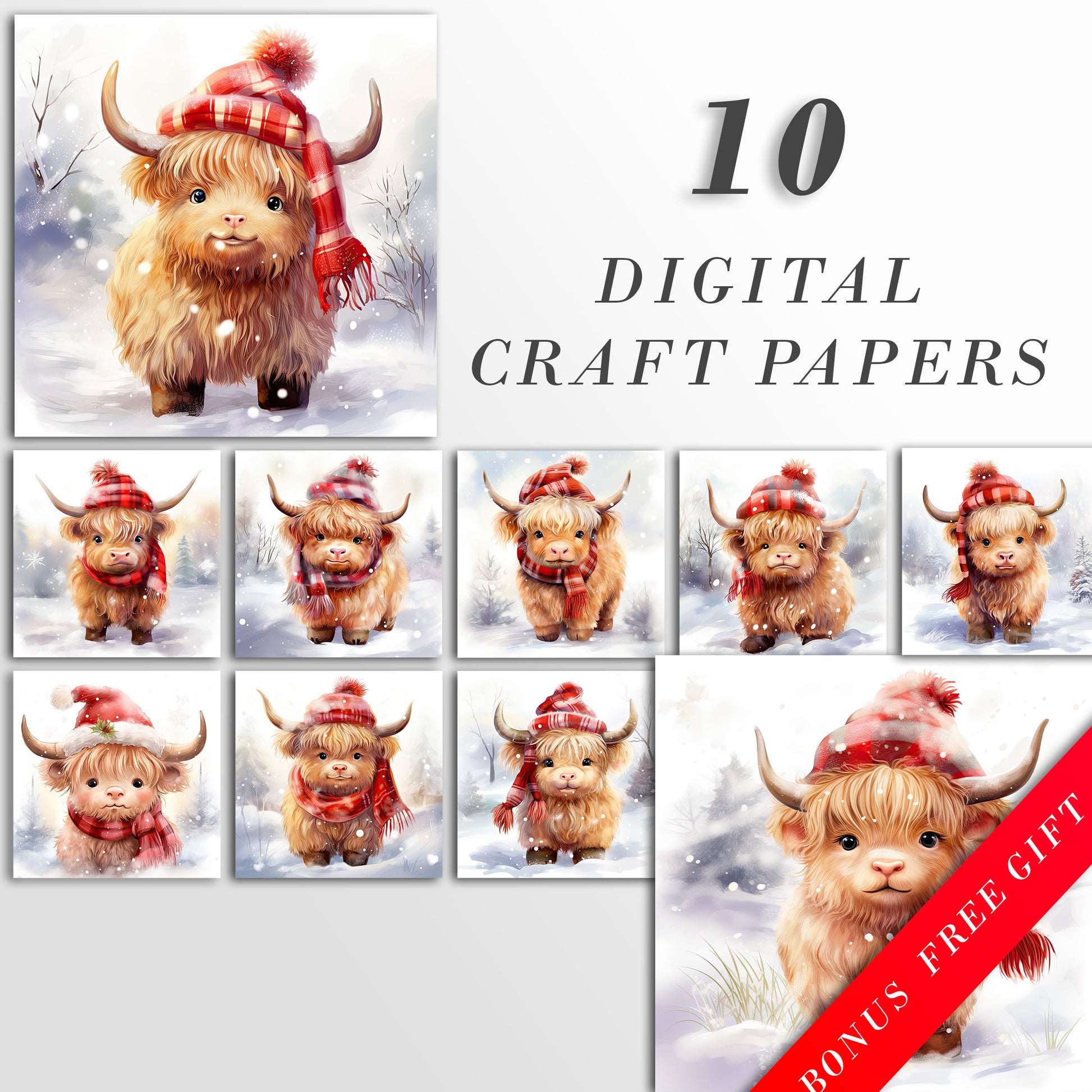 Watercolor Christmas Highland Cows Clipart: Cow Art for Christmas Crafts and Decor | PNG Bundle | Digital Download | Sublimation files