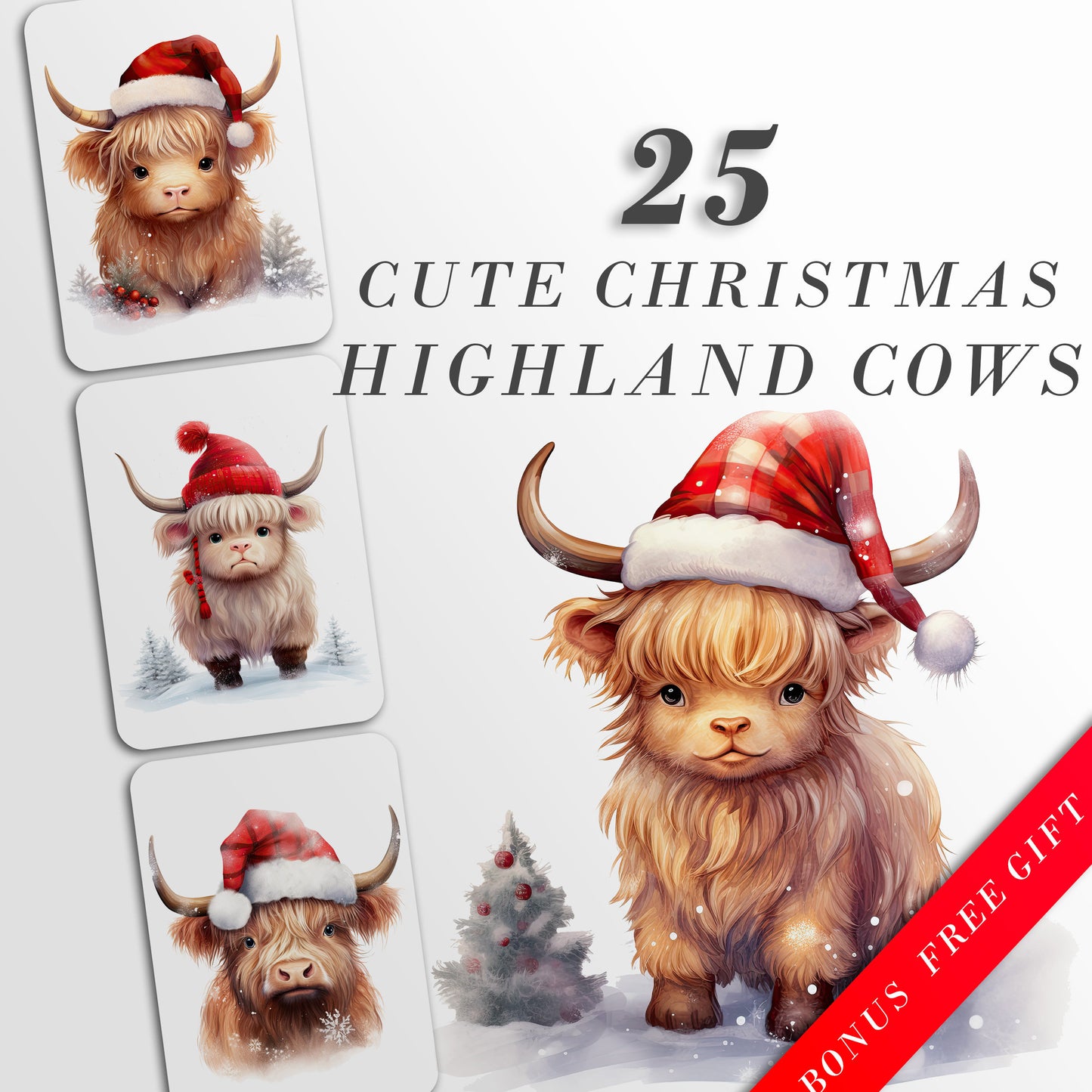 Watercolor Christmas Highland Cows Clipart: Cow Art for Christmas Crafts and Decor | PNG Bundle | Digital Download | Sublimation files