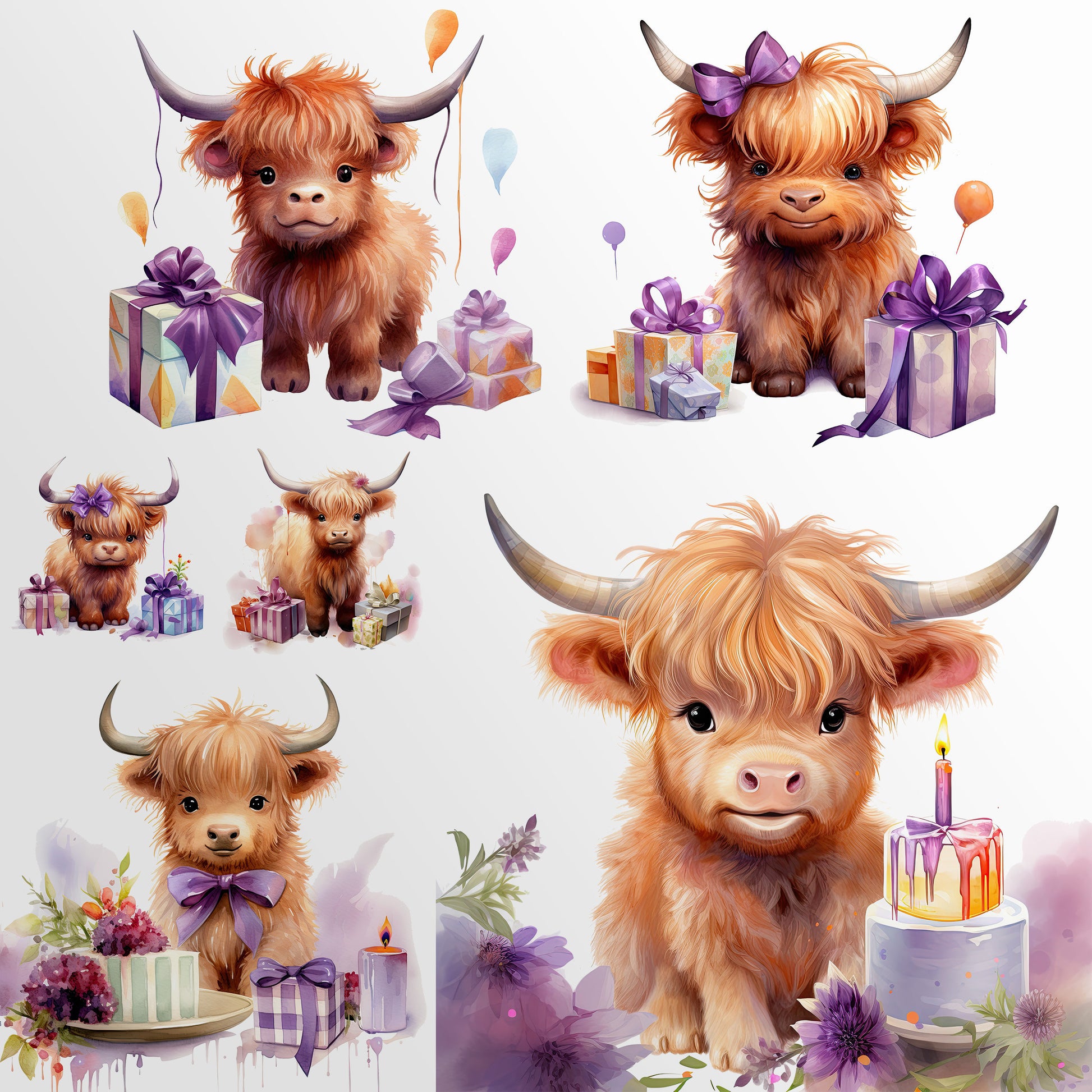 Birthday Party Highland Cows Clipart: Watercolor Cow Art for Party Crafts and Decor | PNG Bundle | Digital Download | Sublimation files