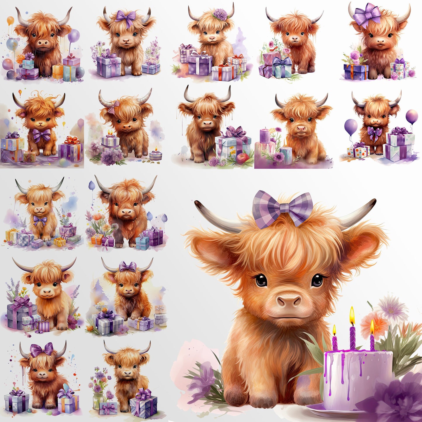 Birthday Party Highland Cows Clipart: Watercolor Cow Art for Party Crafts and Decor | PNG Bundle | Digital Download | Sublimation files