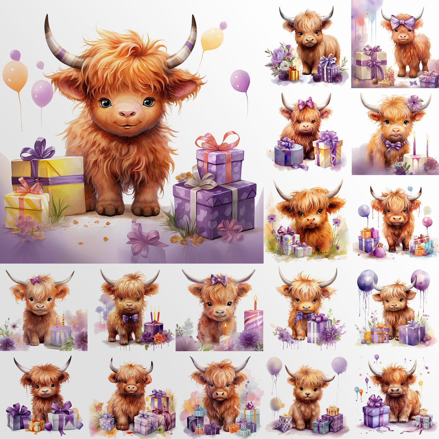 Birthday Party Highland Cows Clipart: Watercolor Cow Art for Party Crafts and Decor | PNG Bundle | Digital Download | Sublimation files