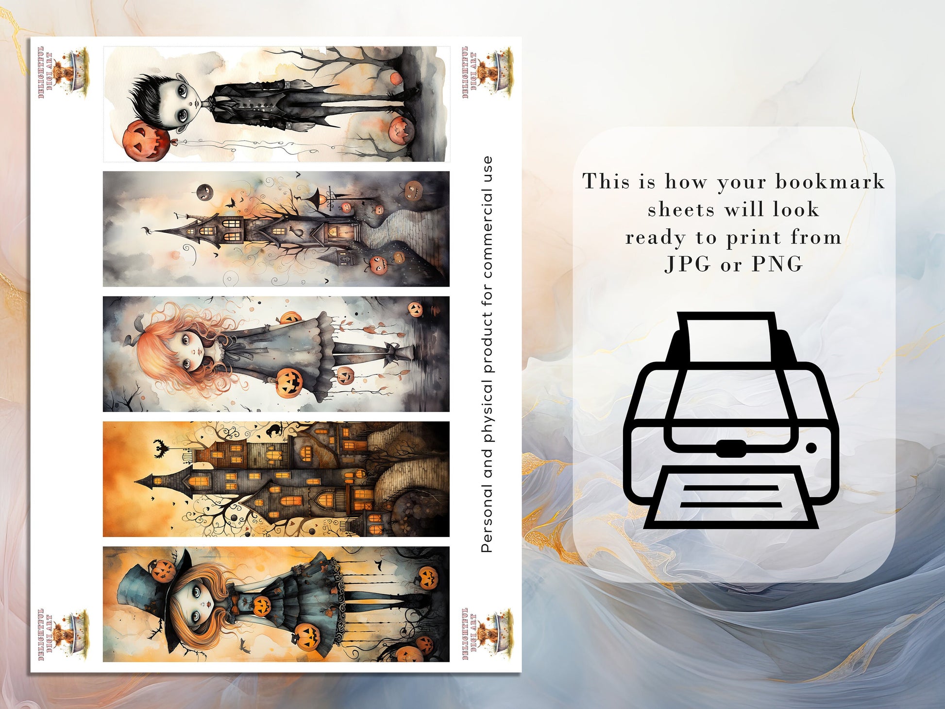 15 Cute Halloween Themed Printable Bookmarks | Digital Download JPG Bookmark Sheets | PNG bookmark sublimation | Whimsical bookmark set