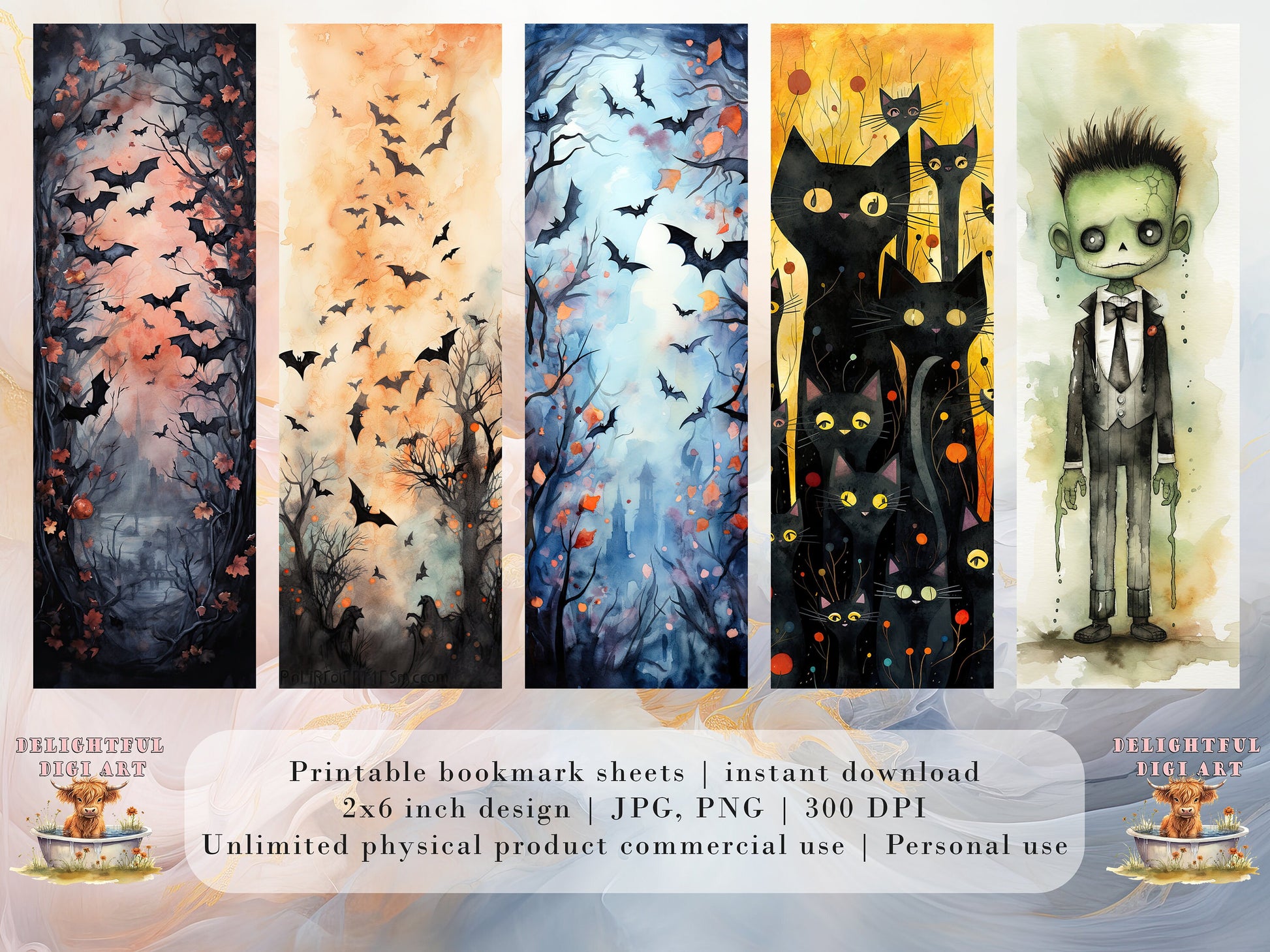 15 Cute Halloween Themed Printable Bookmarks | Digital Download JPG Bookmark Sheets | PNG bookmark sublimation | Whimsical bookmark set