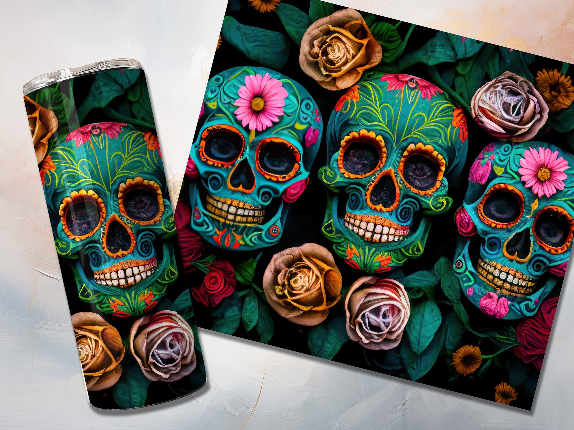 Floral Skulls 20oz Skinny Tumbler Sublimation Wrap | Digital Download Straight Tumbler Wrap PNG | Sugar Skulls | Flowers and Skulls Design