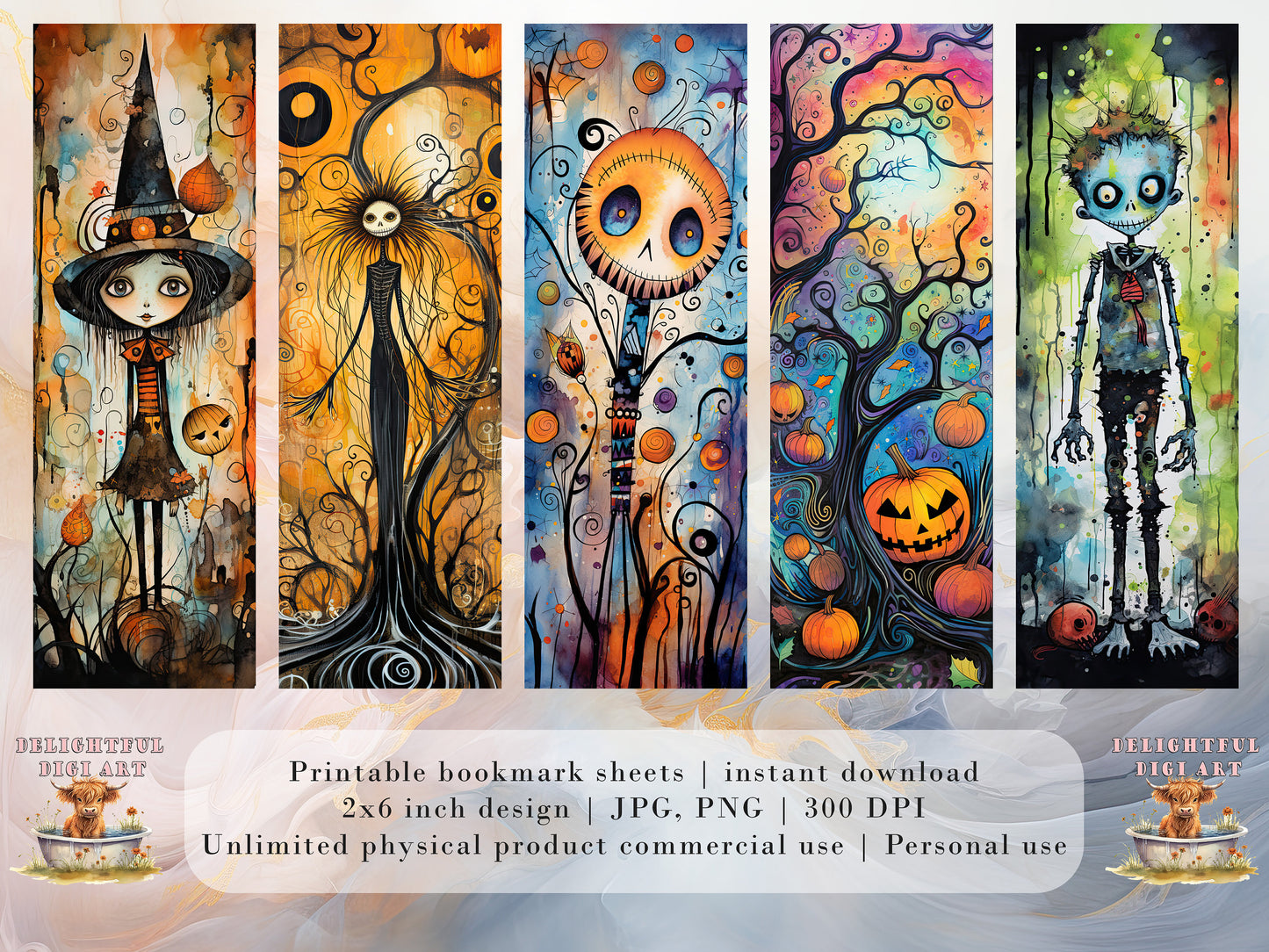 15 Cute Halloween Printable Bookmarks | Digital Download JPG Bookmark Set| PNG bookmark sublimation | Whimsical bookmark set | Fussy Cuts