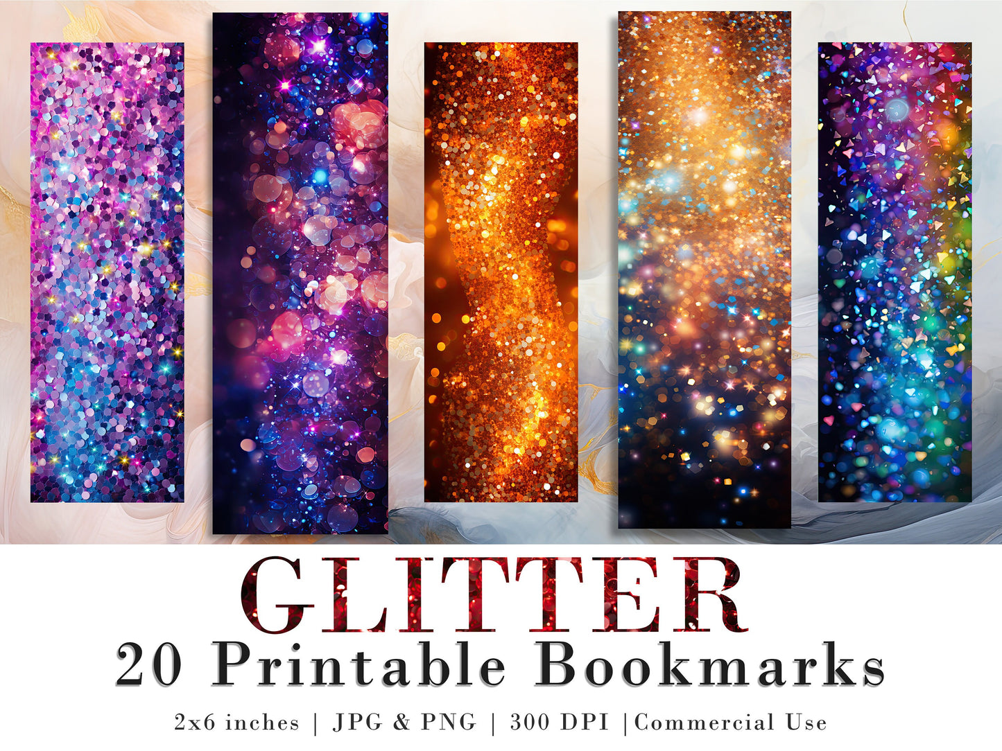 20 Glitter Printable Bookmarks | Digital Download JPG Bookmark Set| PNG bookmark sublimation | Sparkly bookmark set | Fussy Cuts