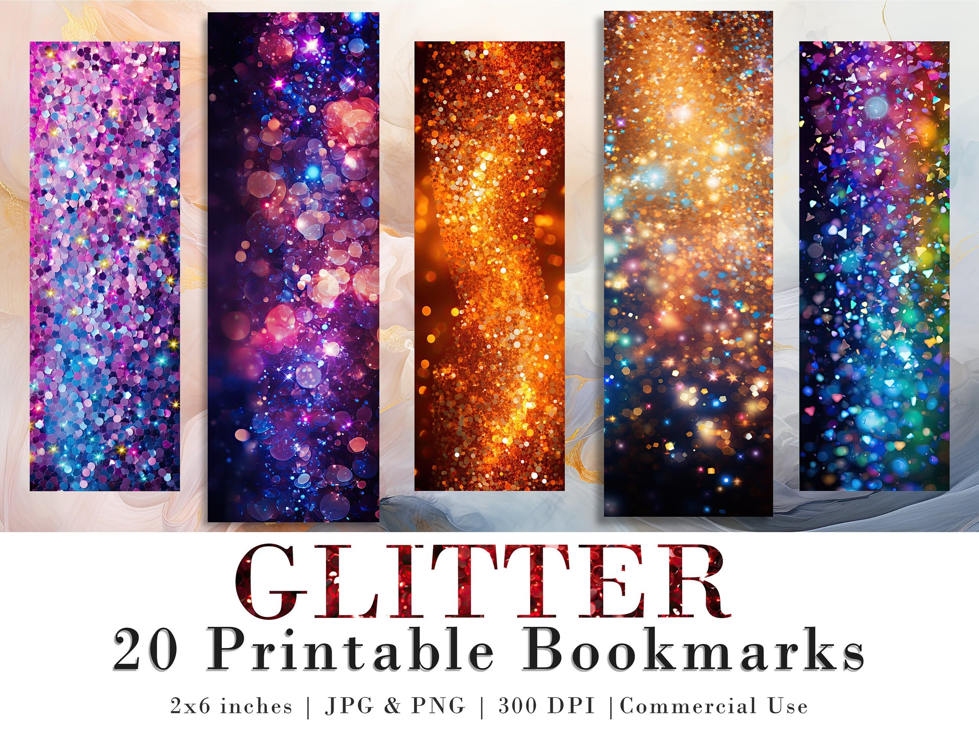 20 Glitter Printable Bookmarks | Digital Download JPG Bookmark Set| PNG bookmark sublimation | Sparkly bookmark set | Fussy Cuts