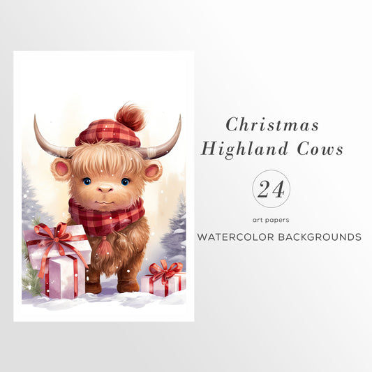 Watercolor Christmas Highland Cows Clipart: Cow Art for Christmas Crafts and Decor | PNG Bundle | Digital Download | Sublimation files