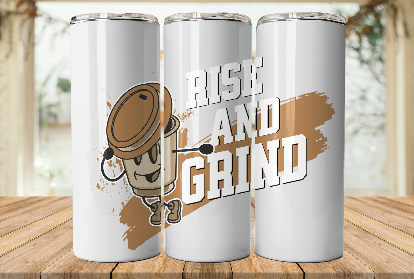 Rise and Grind 20oz Sublimation Tumbler Design, Coffee Person Tumbler Wrap, 9.2 x 8.3, Straight Skinny Tumbler, Tumbler Wrap PNG