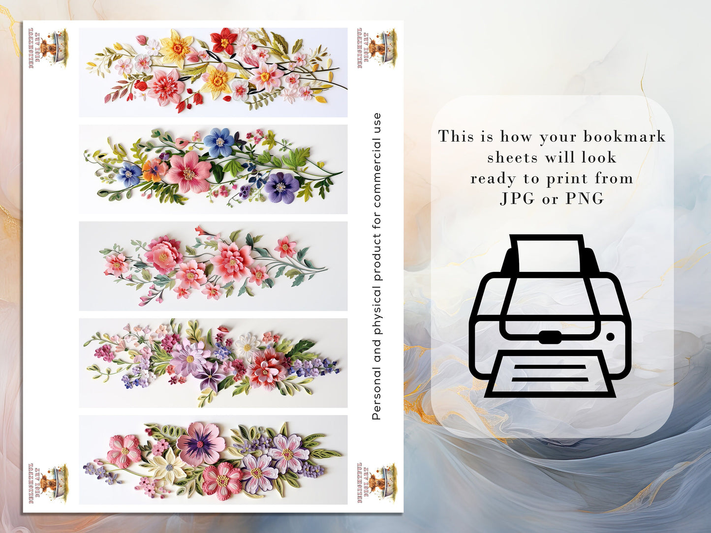 20 3D Floral Embroidery Printable Bookmarks | Digital Download JPG Bookmark Sheets | PNG bookmark sublimation | Flower bookmark set