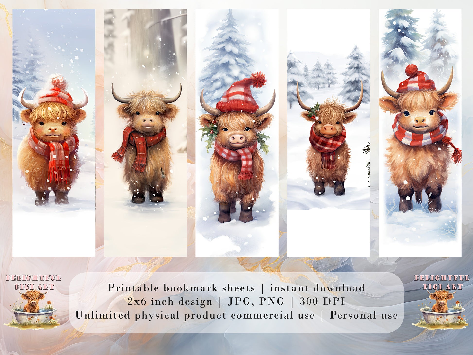 10 Christmas Highland Cow Printable Bookmarks | Digital Download JPG Bookmark Sheets | PNG bookmark sublimation | Calf bookmark set | Xmas