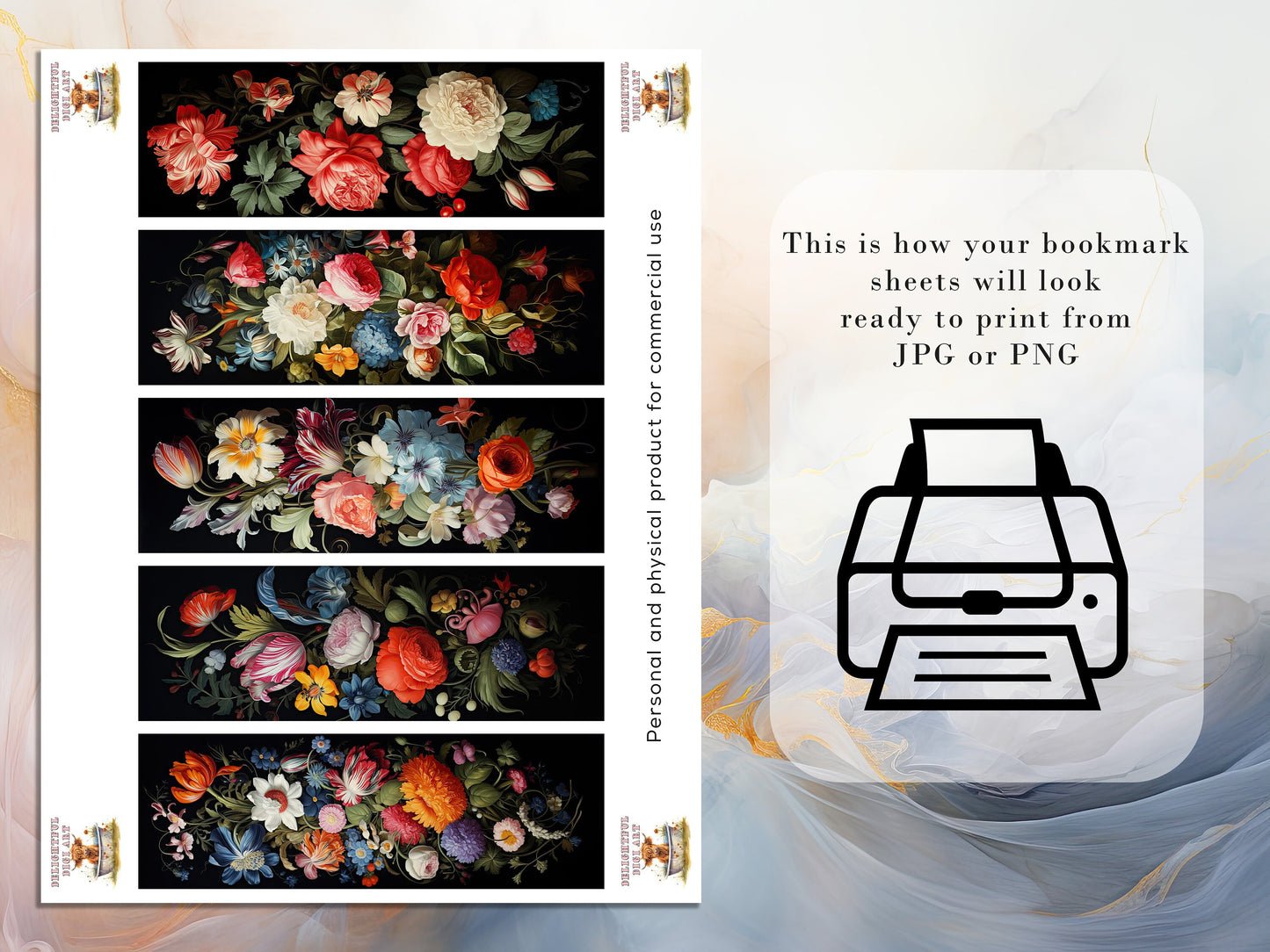 15 Dark Floral Oil Painting Designs| Printable Bookmarks digital download, Sublimate Cricut Silhouette print and cut, Floral Bookmark Bundle