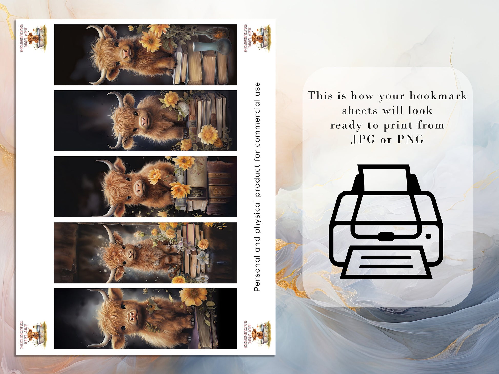 10 Watercolor Highland Cow Printable Bookmarks | Digital Download JPG Bookmark Sheets | PNG bookmark sublimation | Calf bookmark set | Gift
