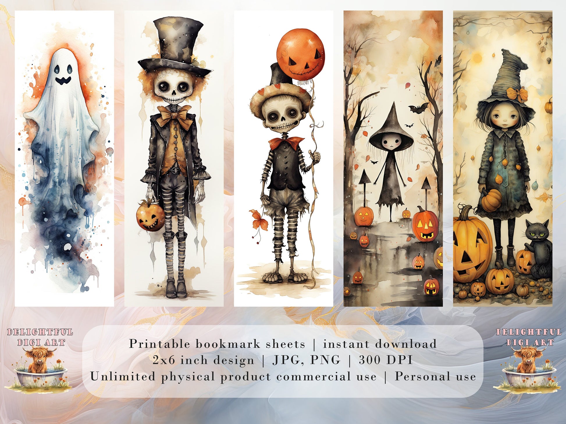 15 Cute Halloween Themed Printable Bookmarks | Digital Download JPG Bookmark Sheets | PNG bookmark sublimation | Whimsical bookmark set
