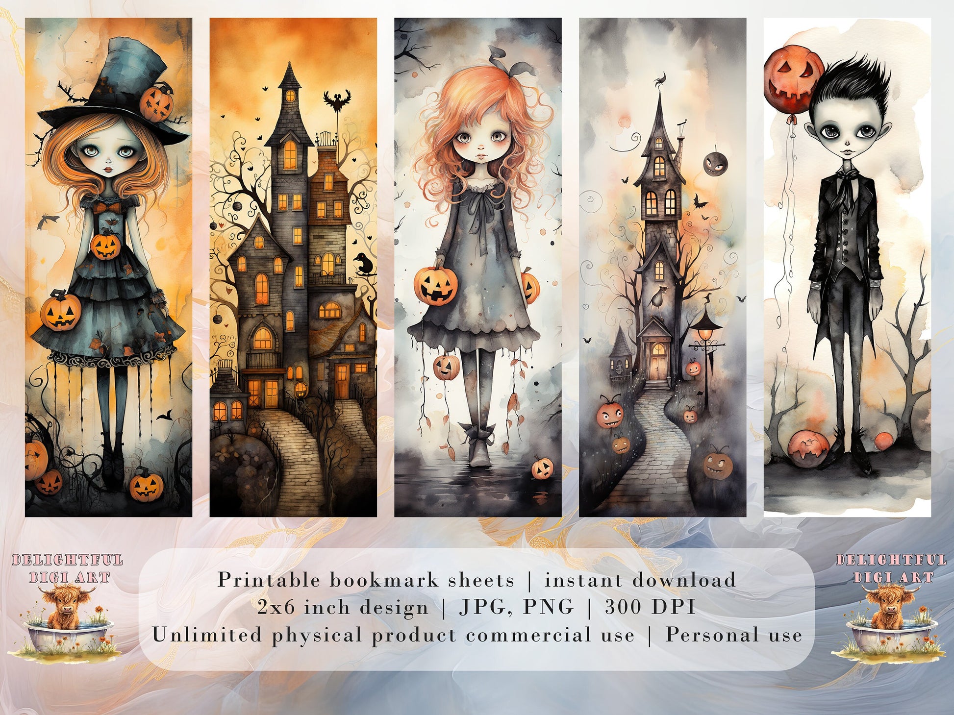 15 Cute Halloween Themed Printable Bookmarks | Digital Download JPG Bookmark Sheets | PNG bookmark sublimation | Whimsical bookmark set