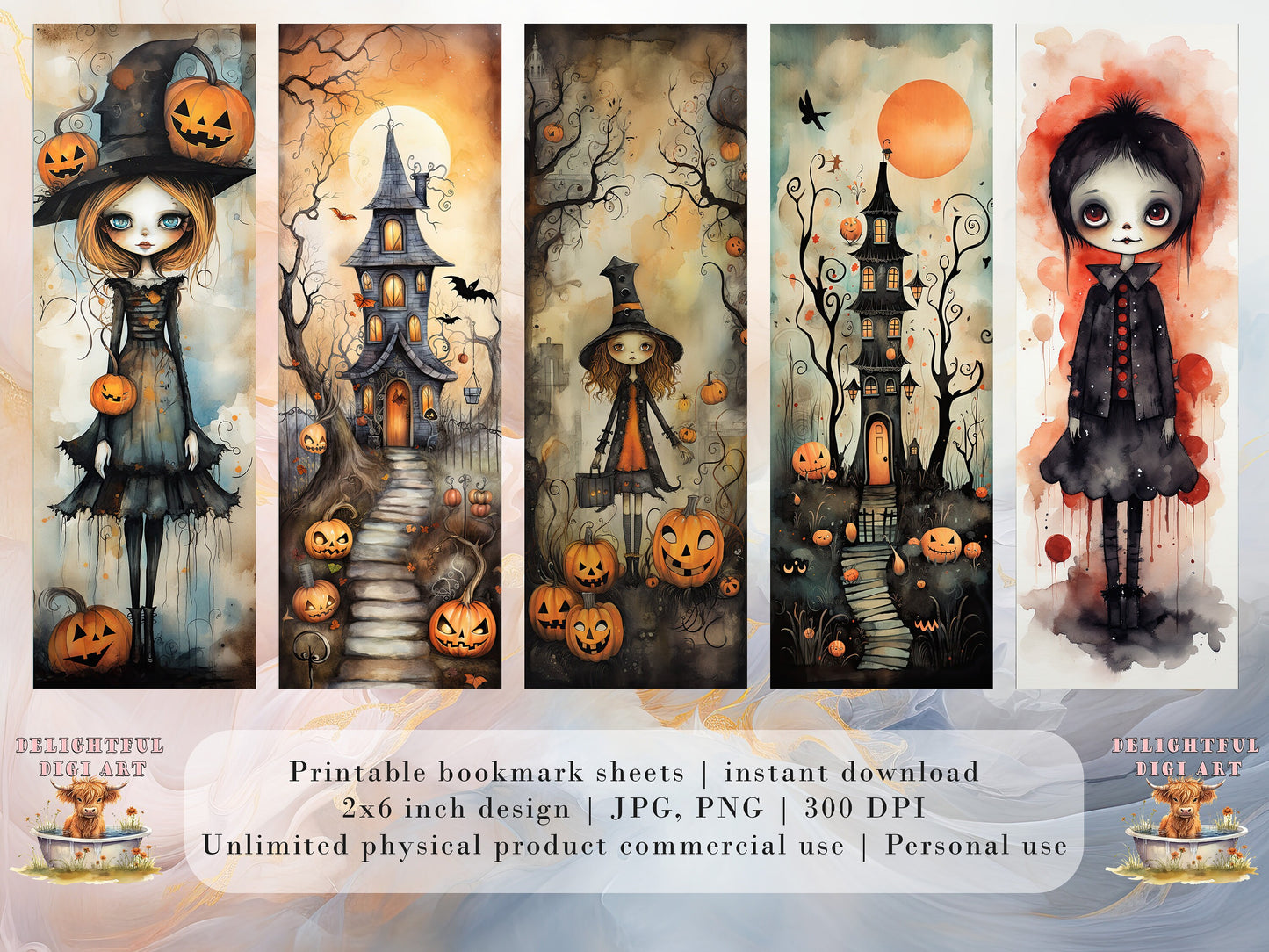 15 Cute Halloween Printable Bookmarks | Digital Download JPG Bookmark Set| PNG bookmark sublimation | Whimsical bookmark set | Fussy Cuts