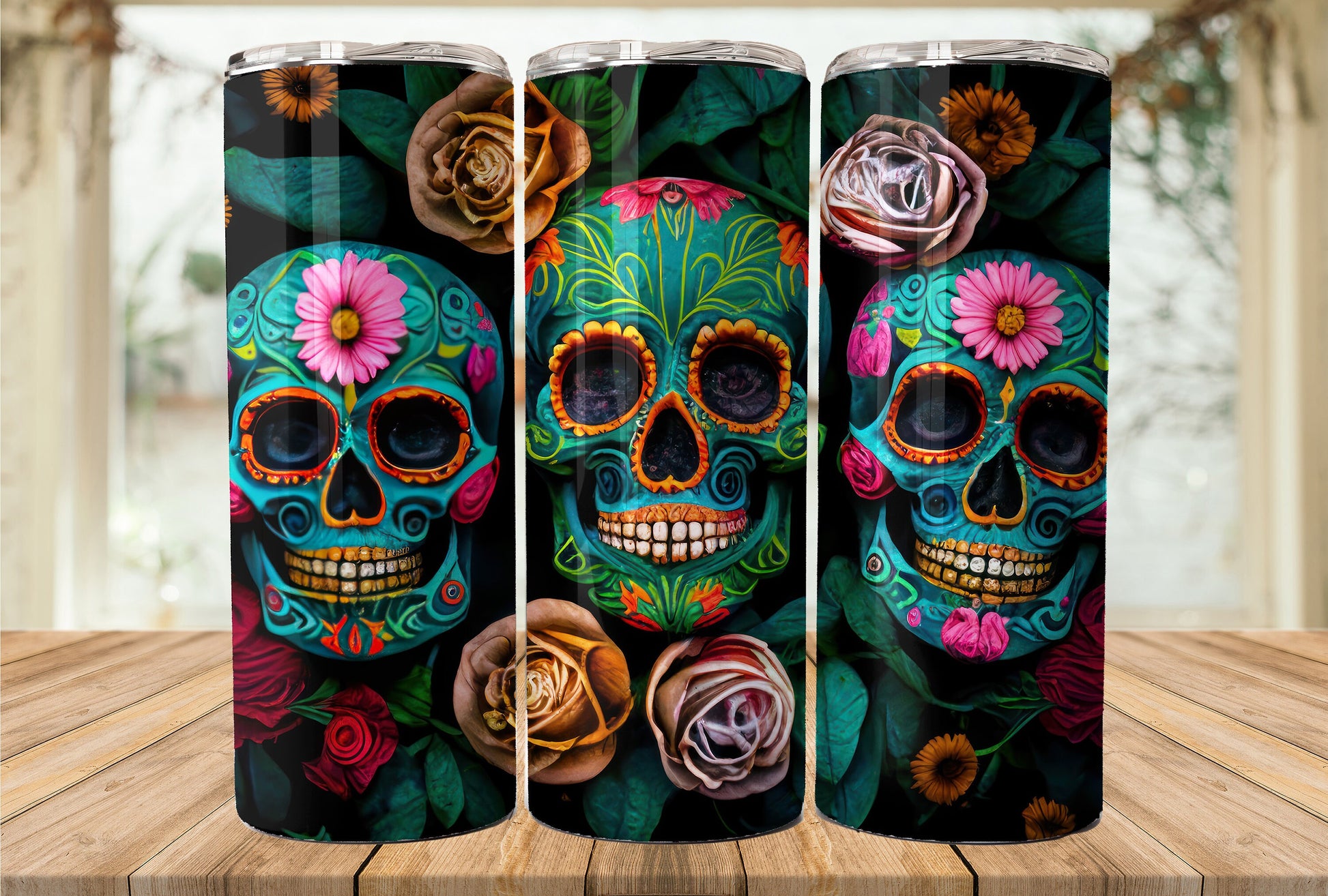 Floral Skulls 20oz Skinny Tumbler Sublimation Wrap | Digital Download Straight Tumbler Wrap PNG | Sugar Skulls | Flowers and Skulls Design