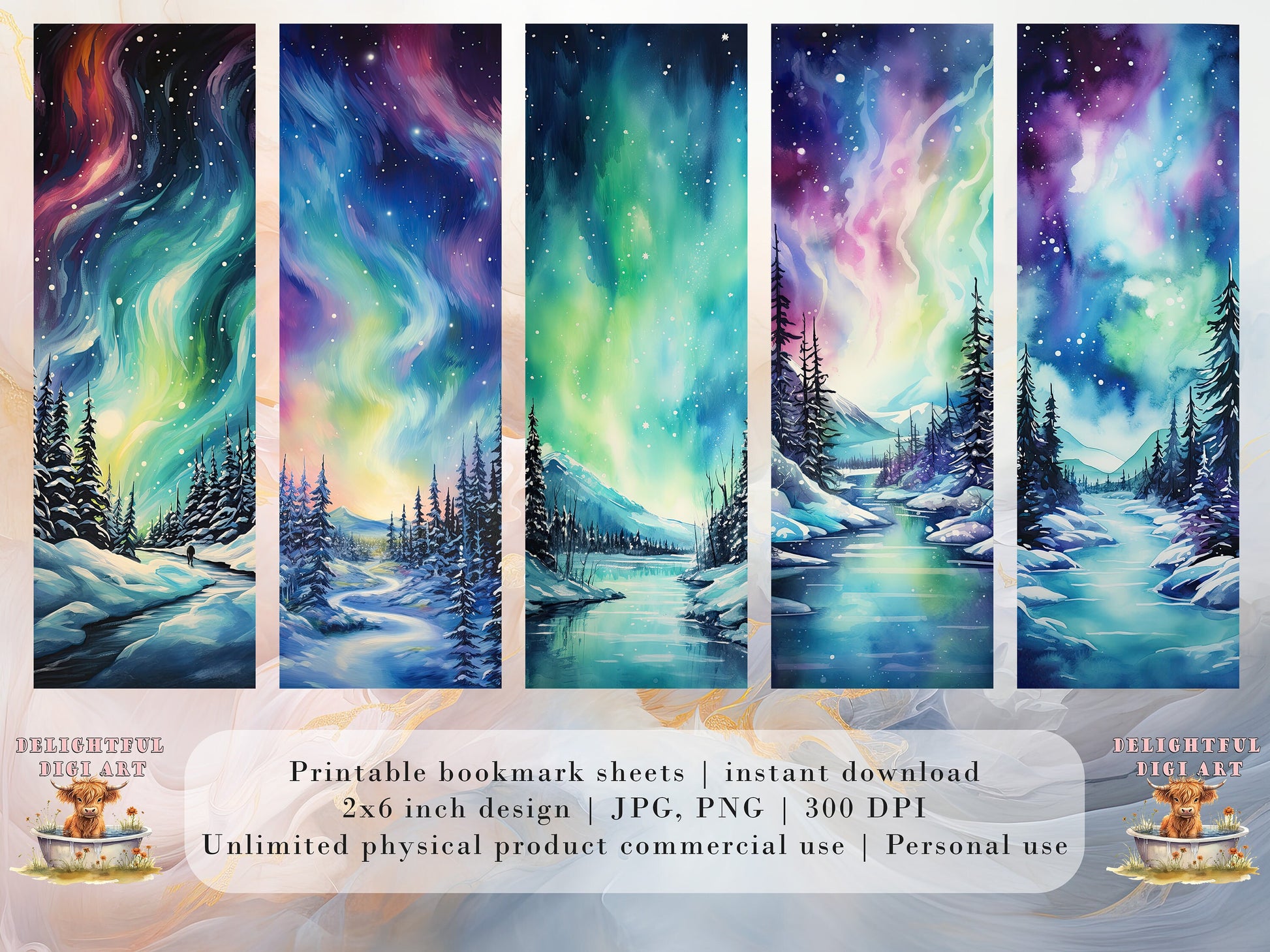20 Northern Lights Printable Bookmarks | Digital Download JPG Bookmark Set| PNG bookmark sublimation | Bookmark Art Set | Fussy Cuts