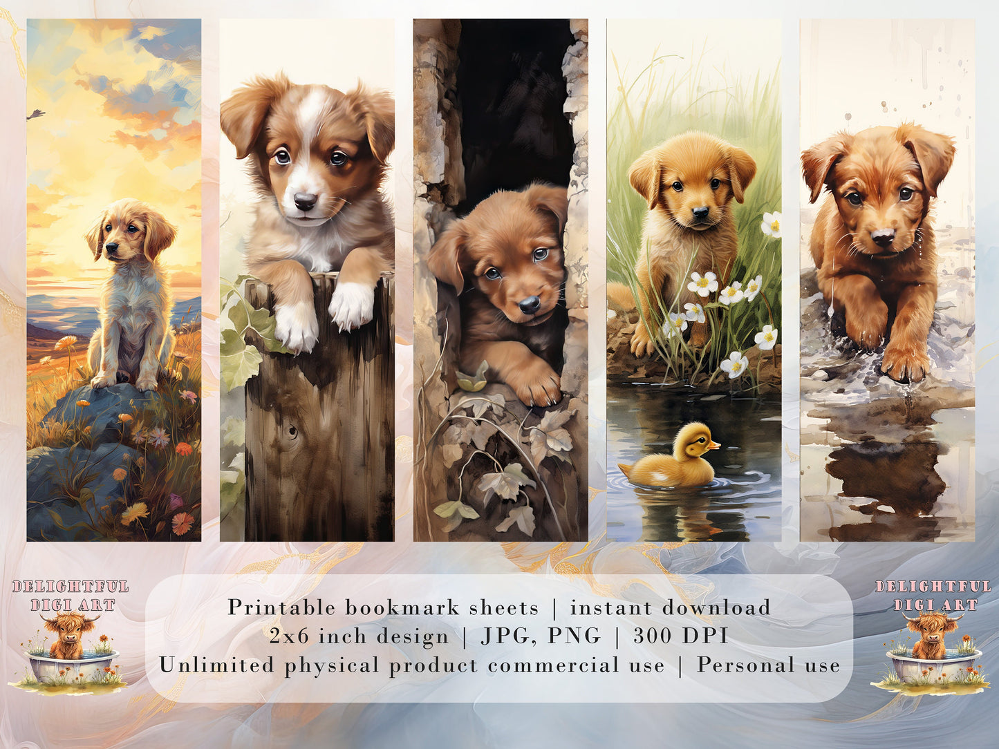 20 Cute Country Puppy Printable Bookmarks | Digital Download JPG Bookmark Set| PNG bookmark sublimation | Whimsical bookmarks | Fussy Cuts