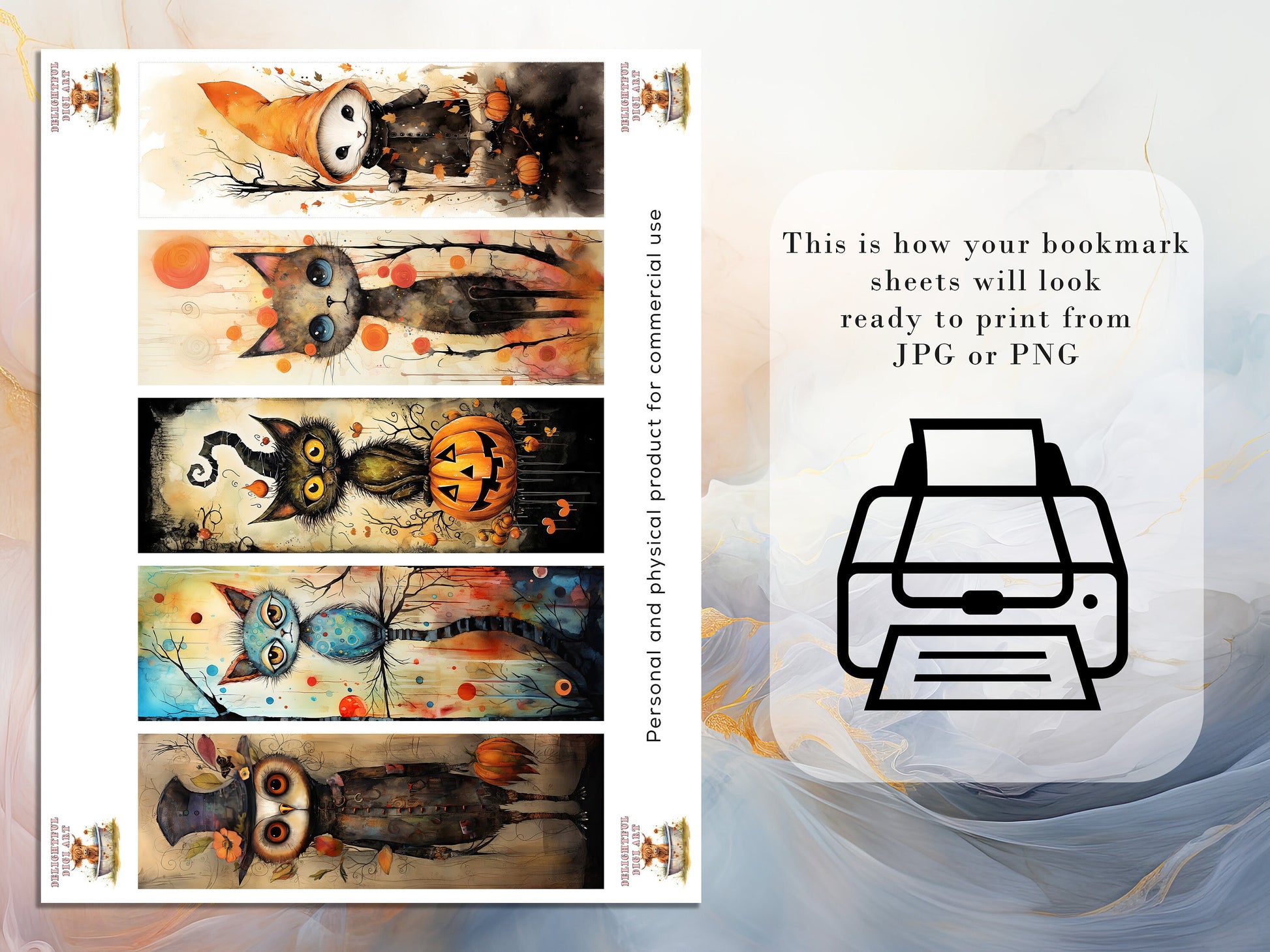 15 Abstract Halloween Printable Bookmarks | Digital Download JPG Bookmark Set| PNG bookmark sublimation | Whimsical bookmark set| Fussy Cuts