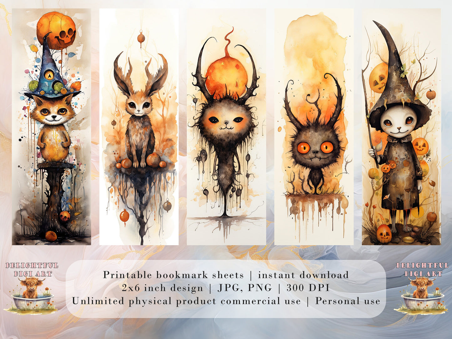15 Abstract Halloween Printable Bookmarks | Digital Download JPG Bookmark Set| PNG bookmark sublimation | Whimsical bookmark set| Fussy Cuts