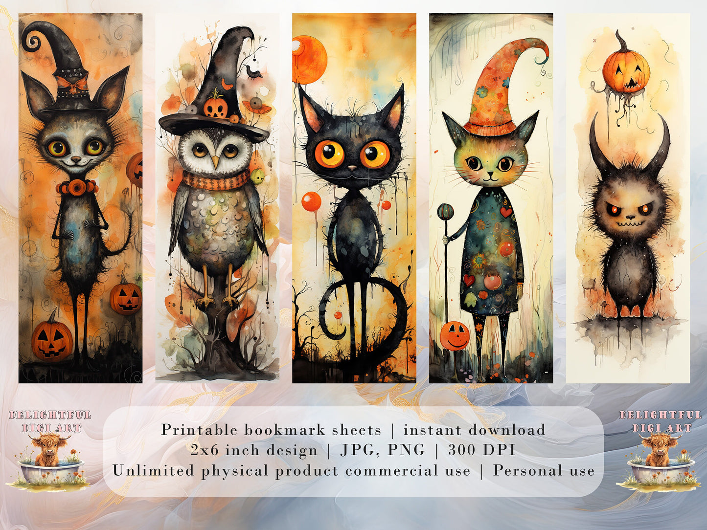 15 Abstract Halloween Printable Bookmarks | Digital Download JPG Bookmark Set| PNG bookmark sublimation | Whimsical bookmark set| Fussy Cuts