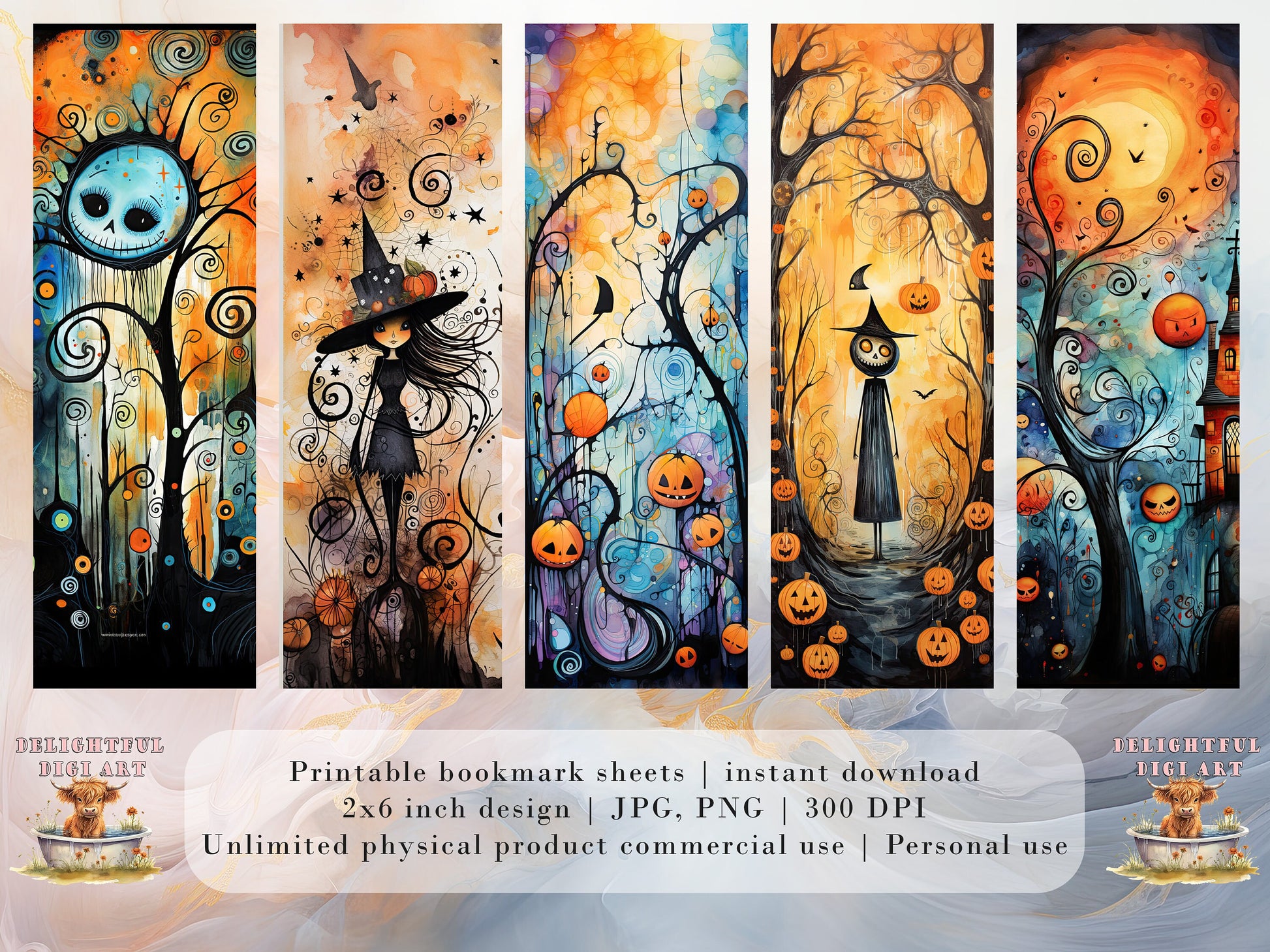 15 Cute Halloween Printable Bookmarks | Digital Download JPG Bookmark Set| PNG bookmark sublimation | Whimsical bookmark set | Fussy Cuts