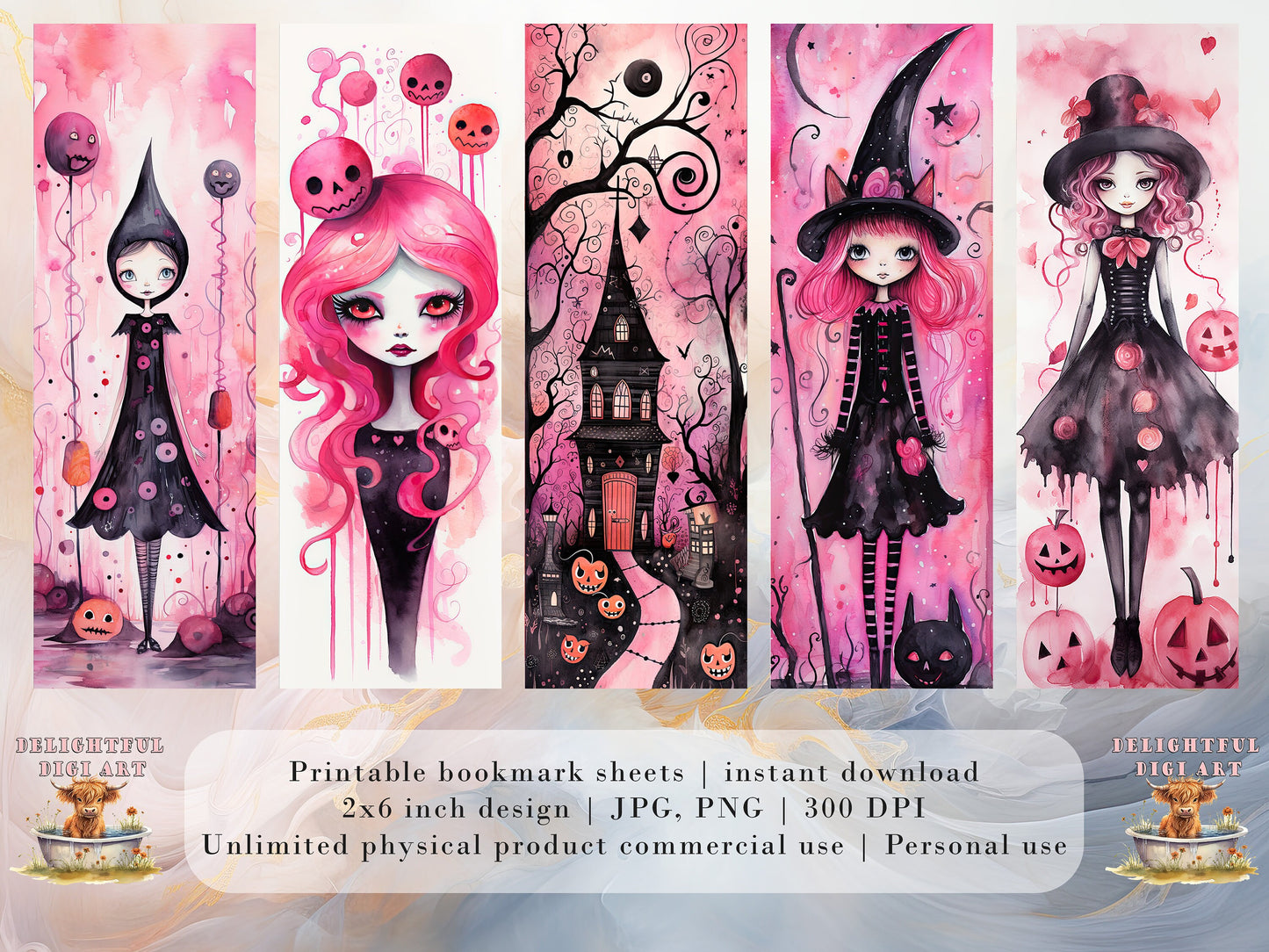 20 Hot Pink Halloween Printable Bookmarks | Digital Download JPG Bookmark Set| PNG bookmark sublimation| Whimsical bookmark Bundle| Cute Art