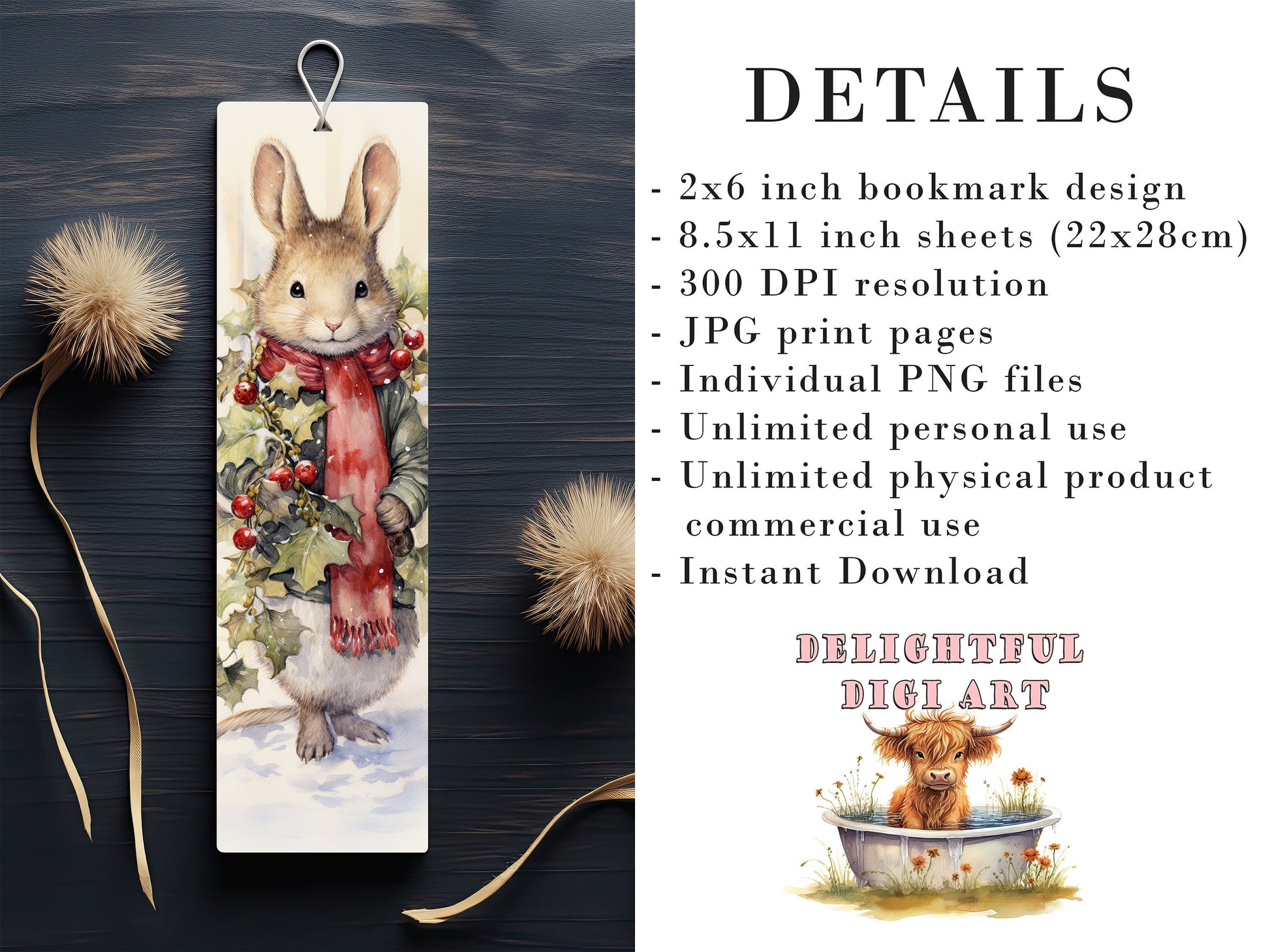 15 Cute Christmas Critter Printable Bookmarks | Digital Download JPG Bookmark Sheets | PNG bookmark sublimation | Bunny bookmark set | Xmas